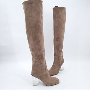 Jeffrey Campbell Over the Knee Taupe Heeled Boots with Lucite Heel